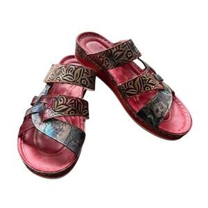 L'Artiste Sandals Spring Step Red Multi Pint Wedge Woman's 39 Strappy Adj